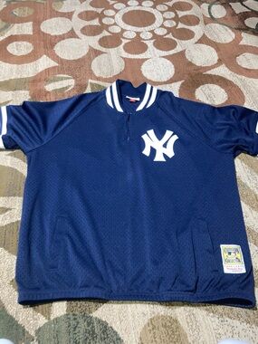 Mitchell & Ness Navy (short sleeve)Jacket with White Stripe Trim
